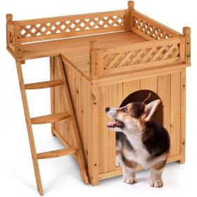 New Style Wood Pet House With Roof Balcony and Bed Shelter